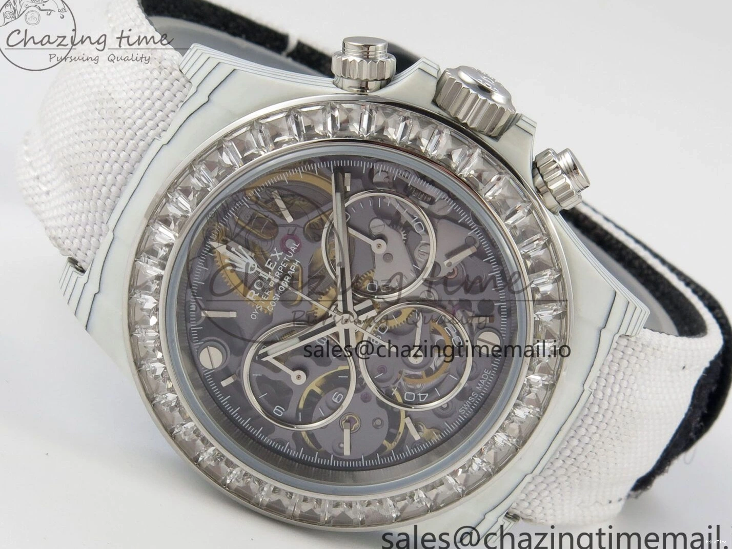 MiroTime 0110 Daytona Cosmograph White Carbon MPF Best Blaken Skeleton Dial on White Nylon Strap A FreshLook 314